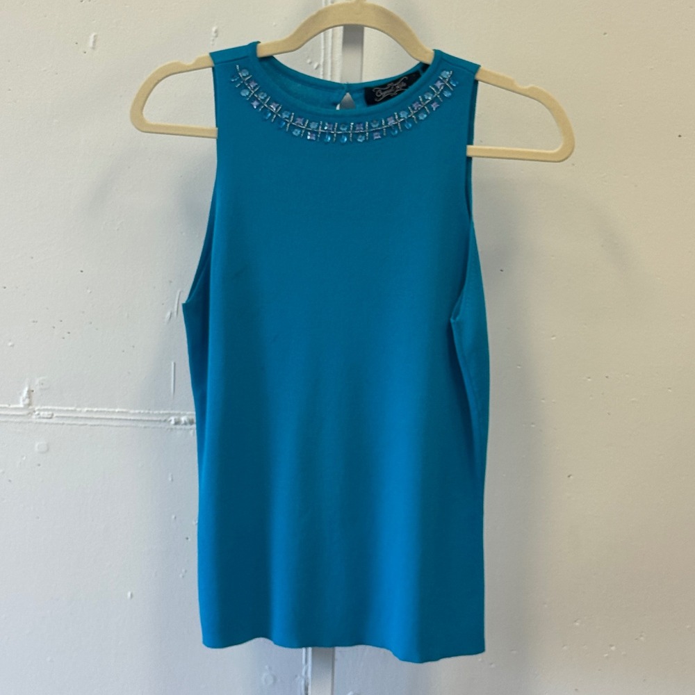 Vintage Y2K Crystal Kobe Turquoise Blue Embellished Neck Sleeveless Knit Top Med